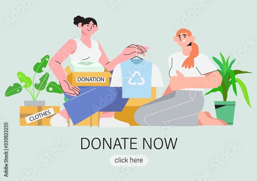Vector illustration of two girls or women volunteers sitting with donation boxes and packing clothes. Clothes donation, reuse, second hand, zero-waste fashion concept for banner, flyer, landing page.