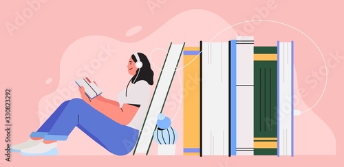 Girl sitting near pile of books with headphones and listen them online. Concept of online reading or library, e book, online education. World book reading day cute illustration for banner, flyer, ad.