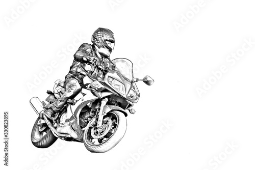  a person wearing a helmet and riding a motorcycle on a white background The person is depicted in a sketch-like style, with their arms outstretched and their legs 