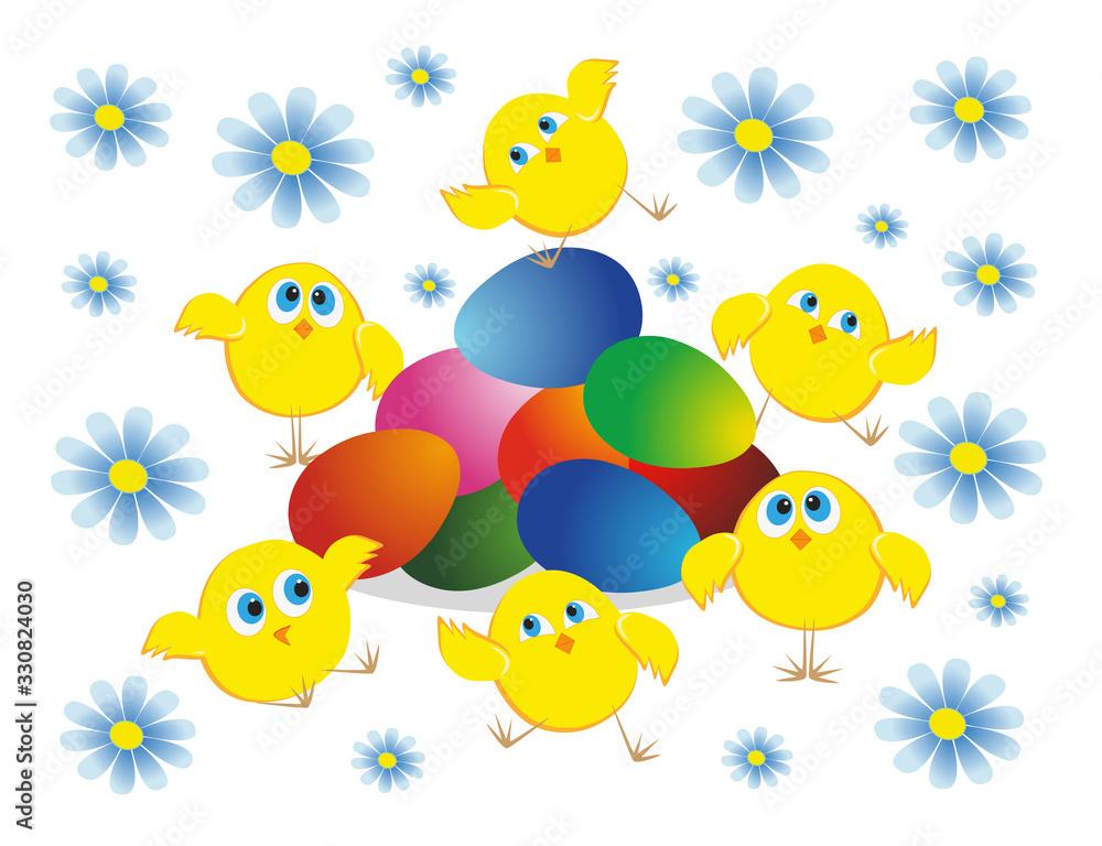 On a white background, colored Easter eggs surrounded by emotional yellow six chickens and blue camomiles. Easter card. On a white background, colored Easter eggs surrounded by emotional yellow six chickens and blue camomiles. Easter card.