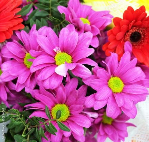 Bouquet of bright magenta chrysanthemums and red gerberas  floral arrangement  floral background.
