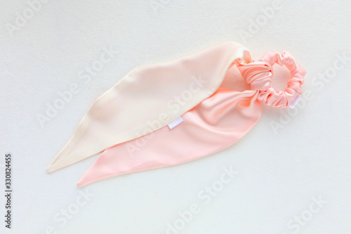 silk Scrunchy isolated on white. Flat lay Hairdressing tools and accessoriesas Color Hair Scrunchies, Elastic Hair Bands, Bobble Sports Scrunchie Hairband