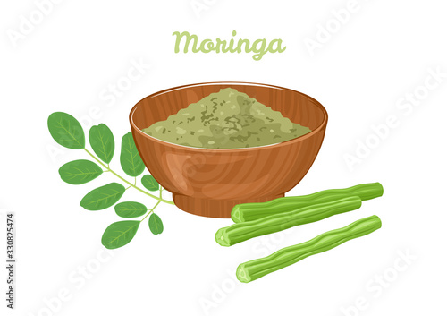Moringa Oleifera isolated on white background. Green leaves, Seed Pods Drumstick Tree and Moringa Powder in wooden bowl. Vector illustration of Superfood in cartoon flat style. Drumstick Vegetables.