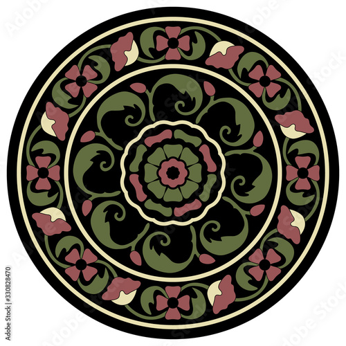 Round floral decor. Vintage folk style. Medieval Indian Mogul ornament, Circular pattern. Isolated vector illustration.