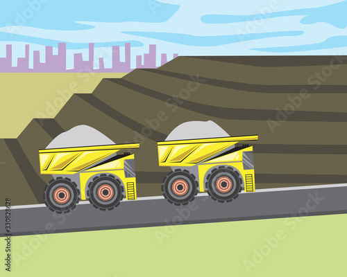 Quarry and truck or dumper moves escrowed, flat vector stock illustration with industrial heavy machine as a concept of industry and career work