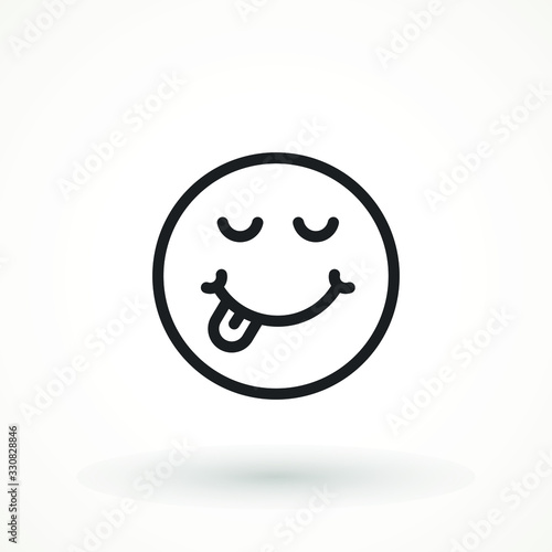 Yummy smile emoticon icon lick mouth. Editable strok Tasty food eating emoji face. Delicious cartoon on white background. Smile face line design. Savory gourmet. Yummy vector icon