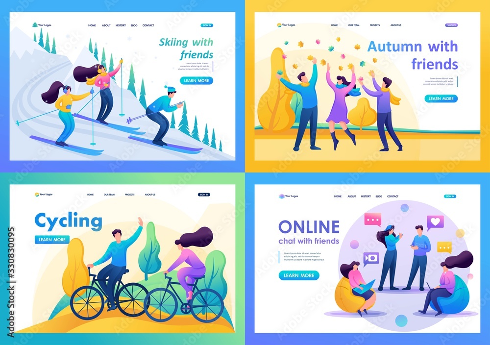 Set 2D Flat concepts, Young people have fun and rejoice, friendship. For Landing page concepts and web design