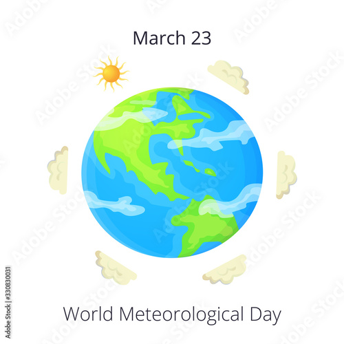 Cartoon world meteorological day card or poster. Sun and clouds around Earth. Meteorology concept. Flat vector illustration isolated on white background.