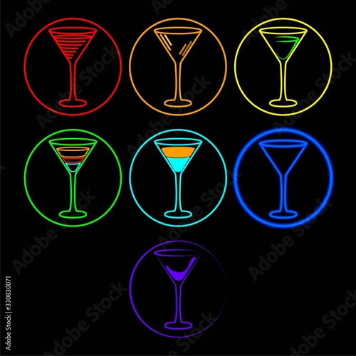 Neon wineglass of cocktails alcohol. Vector illustration