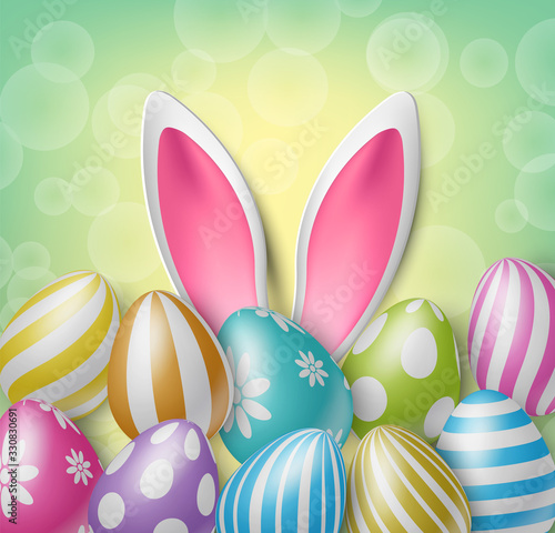 Easter colorful background with eggs and bunny ears. Vector illustration.