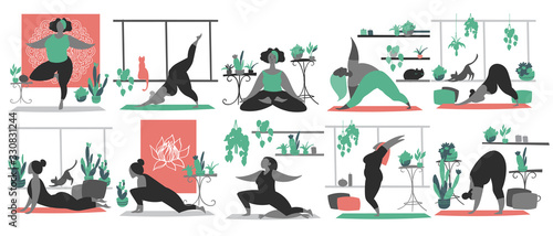 Hand drawn minimal vector illustration of cartoon black woman character doing yoga meditation pose at home with backgroud of potted plants.