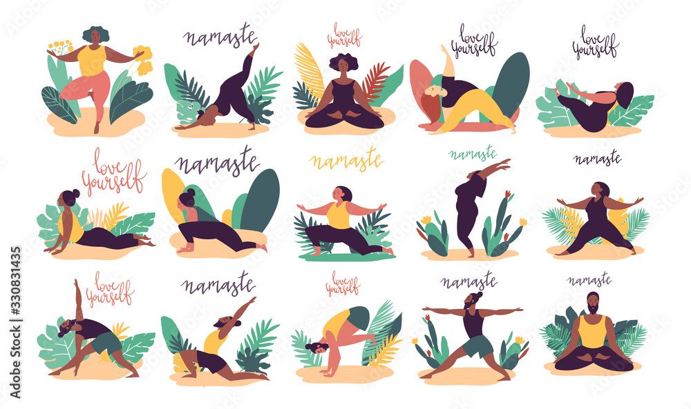 Naklejka Hand drawn minimal vector illustration of cartoon men and women character doing yoga asana pose outside in nature with backgroud of tropical leafs and plants.