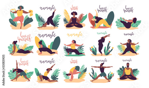 Hand drawn minimal vector illustration of cartoon men and women character doing yoga asana pose outside in nature with backgroud of tropical leafs and plants.