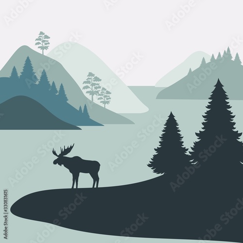 Mountain landscape and forest with moose silhouette