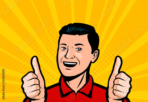 Happy man or businessman showing thumbs up. Retro comic pop art vector