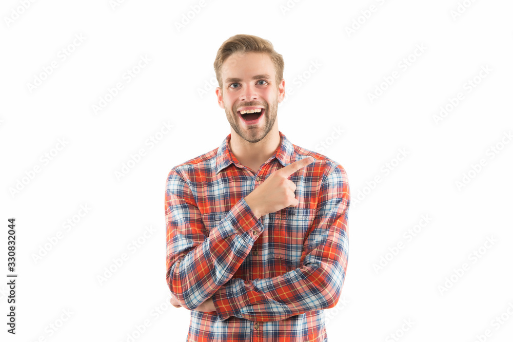 Attracting customers to buy his product. Happy guy promoting product. Man pointing finger isolated on white. Product promotion. Marketing and sales. Product advertising, copy space Attracting customers to buy his product. Happy guy promoting product. Man pointing finger isolated on white. Product promotion. Marketing and sales. Product advertising, copy space