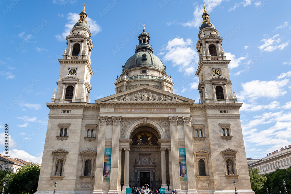 Budapest, Hungary - 10/06/2019: St. Stephen's Basilica. Blue sky and clouds. Budapest, Hungary