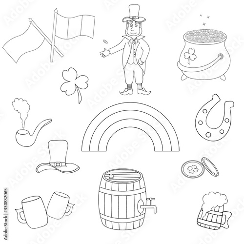 Set for Saint Patrick Day. Vector illustration of a leprechaun in a hat, clover, horseshoe, gold. Coloring book for children and adults. Contour on an isolated background. Idea for book. Doodle style.