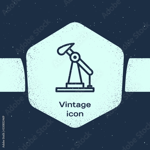 Grunge line Oil pump or pump jack icon isolated on blue background. Oil rig. Monochrome vintage drawing. Vector Illustration