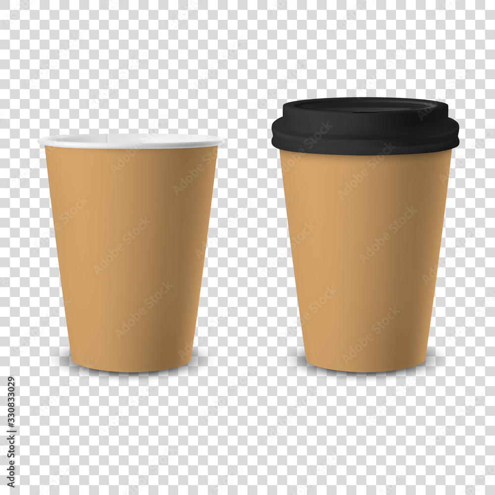 Vector 3d Realistic Brown Disposable Opened and Closed with Black Lid Paper, Plastic Coffee Cup for Drinks Icon Set Closeup Isolated on Transparent Background. Design Template, Mockup. Front View Vector 3d Realistic Brown Disposable Opened and Closed with Black Lid Paper, Plastic Coffee Cup for Drinks Icon Set Closeup Isolated on Transparent Background. Design Template, Mockup. Front View