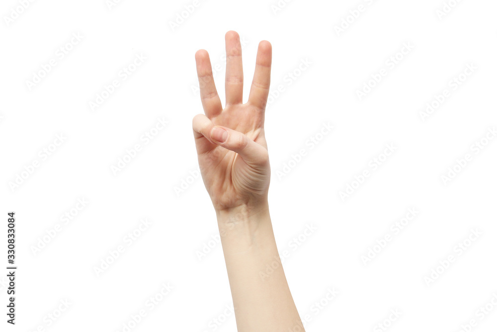 Hand on a white background. Hand shows three fingers Hand on a white background. Hand shows three fingers