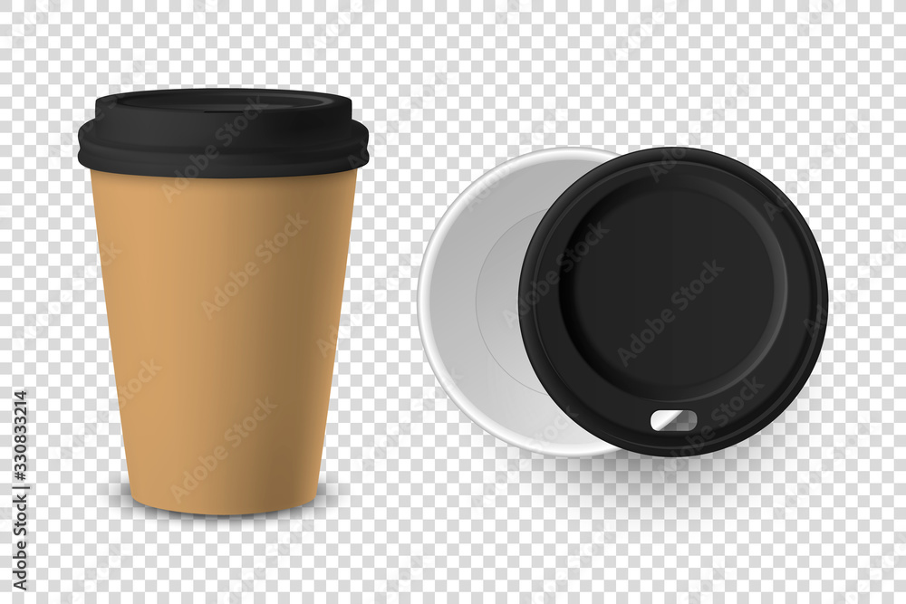 Vector 3d Realistic Brown Disposable Closed and Opened Paper, Plastic Coffee Cup for Drinks with Black Lid Set Closeup Isolated on Transparent Background. Design Template, Mockup. Top and Front View Vector 3d Realistic Brown Disposable Closed and Opened Paper, Plastic Coffee Cup for Drinks with Black Lid Set Closeup Isolated on Transparent Background. Design Template, Mockup. Top and Front View