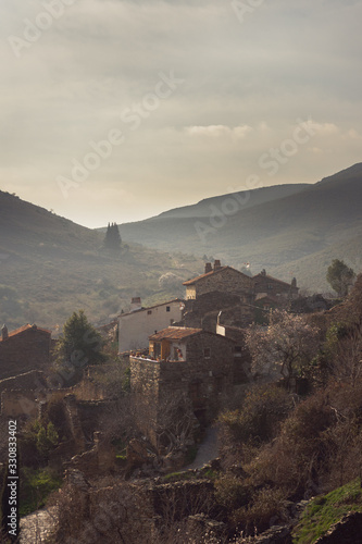 Vertical view of the village of Patones de Arriba in Madrid, Spain Cloudy day. Travel concept