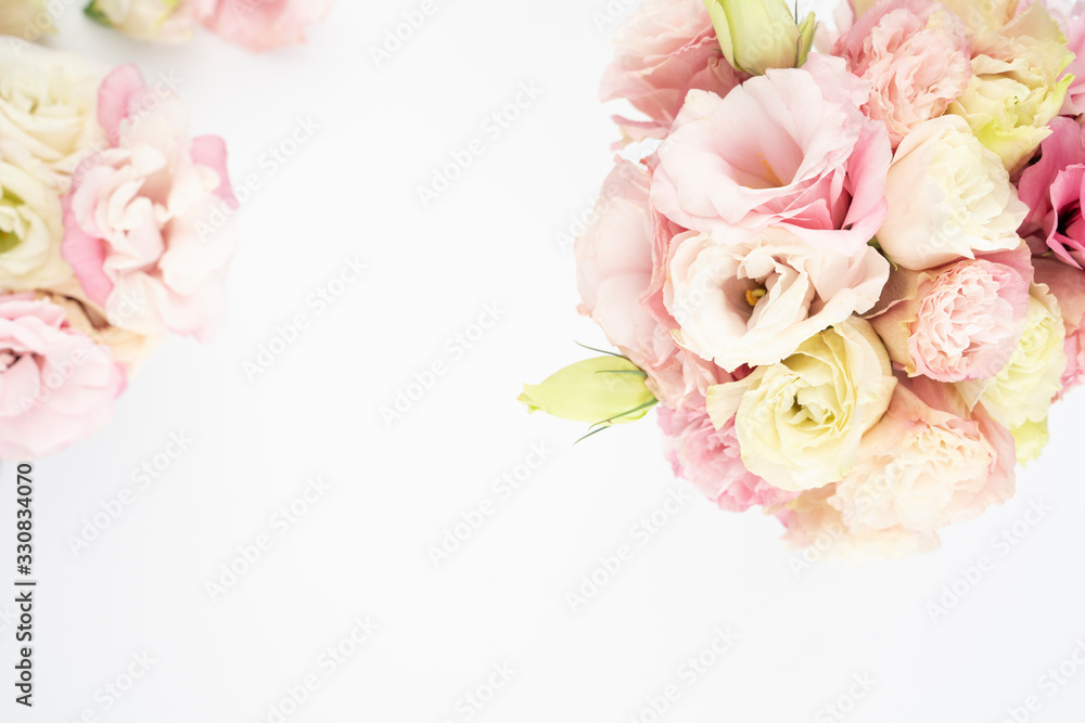 Blush flower flat lay bridal background copy space 