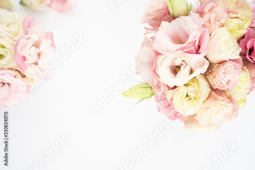 Blush flower flat lay bridal background copy space 
