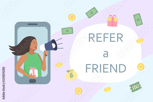 Refer a friend concept. Attract friend. Dark skinned girl shouts on megaphone about referral program Referral marketing strategy banner, landing page, mobile app - vector