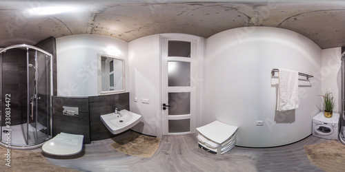 360 panorama view of modern loft apartment interior. Bathroom with shower cabin.