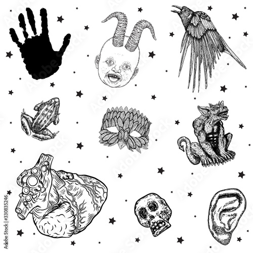 Occult set of mystic magic elements. Occultism with esoteric and witchcraft symbols. Human palm, poison toad, baby demon, crow, anatomical heart, skull, ear, gargoyle, owl mask. Vector.