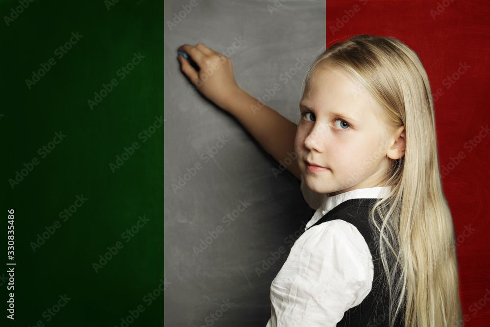 Thinking child girl student against the Italy flag background. Italian concept Thinking child girl student against the Italy flag background. Italian concept