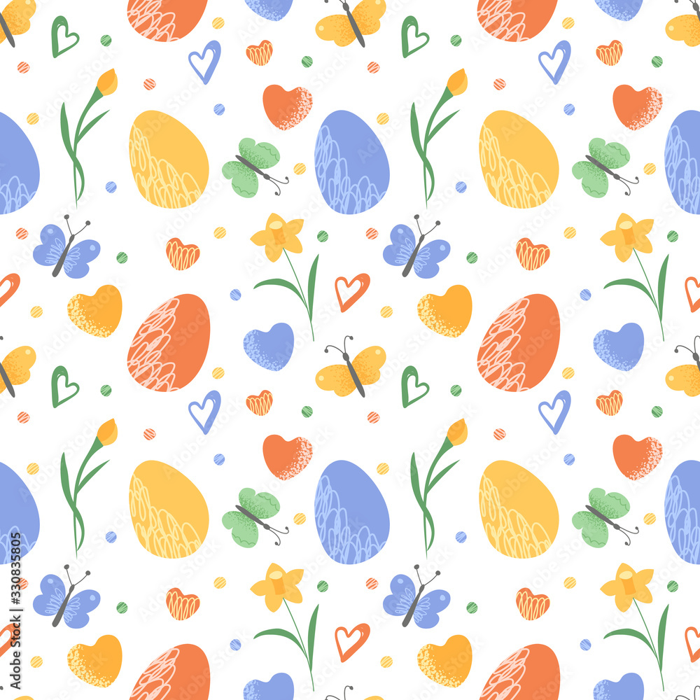 Cute Easter seamless pattern on white background. Design element.