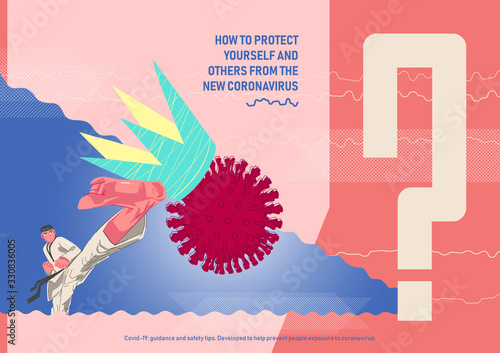 Cover concept illustration, poster on how to protect yourself and others from the new coronavirus.  Karate guy with kick of the foot, sews the crown from Covid-19 enemy