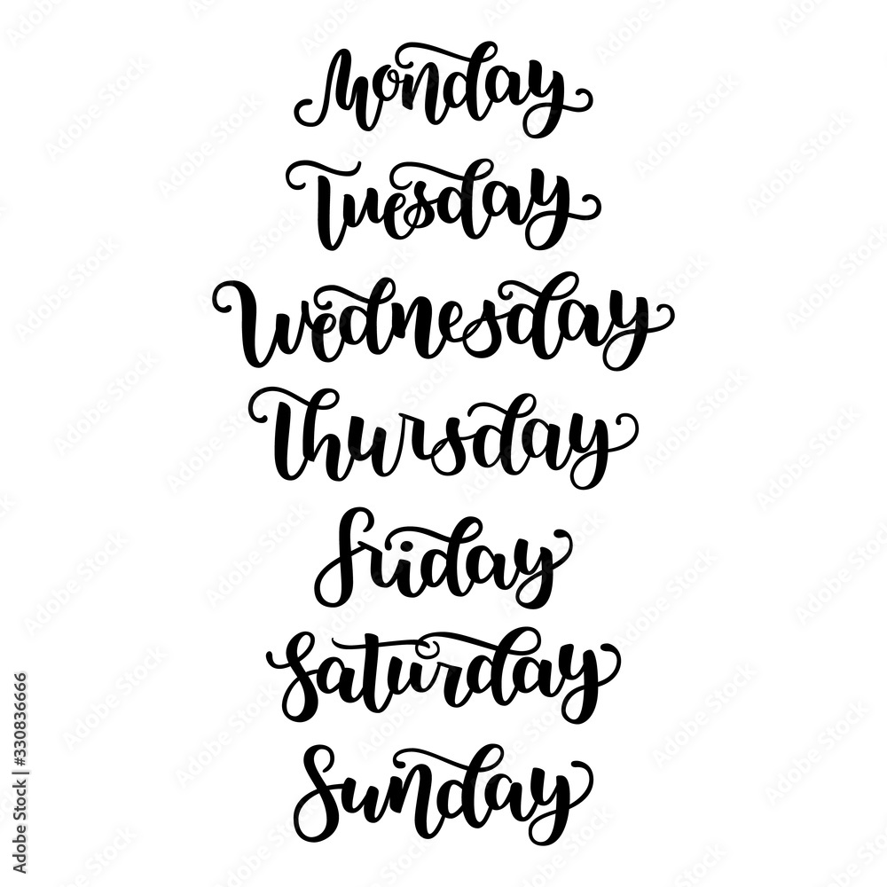 Hand Lettering Days of Week Sunday, Monday, Tuesday, Wednesday, Thursday, Friday, Saturday . Modern Calligraphy Isolated on White Background. Vector illustration. Brush ink handlettering for schedule. Hand Lettering Days of Week Sunday, Monday, Tuesday, Wednesday, Thursday, Friday, Saturday . Modern Calligraphy Isolated on White Background. Vector illustration. Brush ink handlettering for schedule.