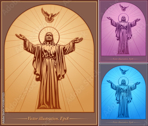 Jesus Christ and the Dove "Holy Spirit" against the sky, Blessing, Christianity, Vector illustration