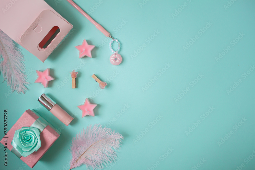 Colorful flat layout of gift boxes and candles Colorful flat layout of gift boxes and candles