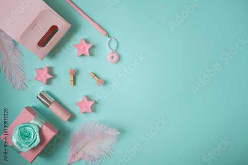 Colorful flat layout of gift boxes and candles