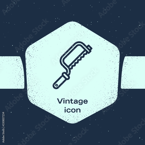 Grunge line Hacksaw icon isolated on blue background. Metal saw for wood and metal. Monochrome vintage drawing. Vector Illustration