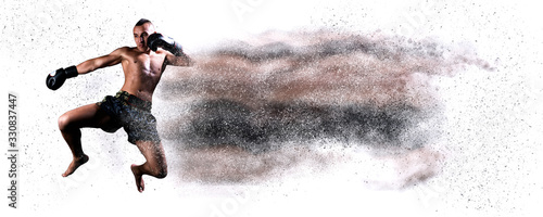 Fototapeta Thai boxer in the ring hits with a knee. The concept of sports, gyms, boxing clubs.