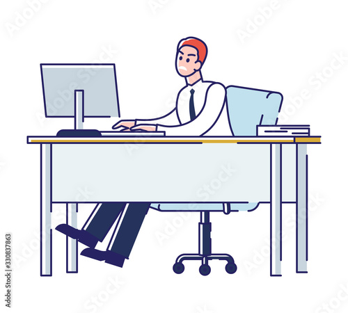 Concept Of Overworked And Burnout. Angry Office Worker Or Boss Is Working On the Computer At Workplace. Stressed Character Trying To Complete Work. Cartoon Linear Outline Flat Vector Illustration