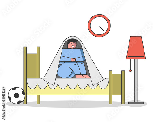 Concept Of Kids Bad Dreams And Nightmares. The Boy Has Had A Horrible Dream And Sit Under The Blanket. Frightened Kid Trembling Of Scare On The Bed. Cartoon Linear Outline Flat Vector Illustration