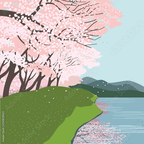 Cherry blossoms at the river flat vector landscape