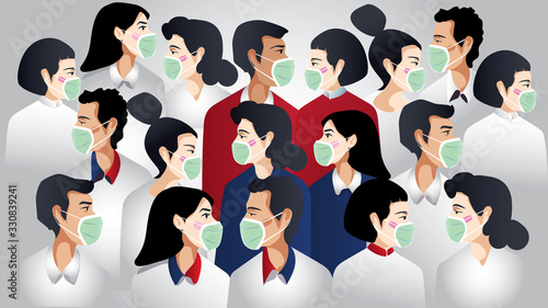 Man and woman wear medical mask, People who are in anxiety and fear because of the corona virus. novel Cover-19 nCoV, south Korea illustration. Vector