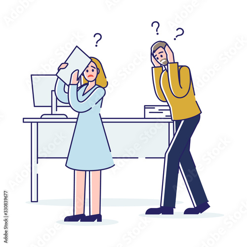 Concept Of Stressed Office Situations, Work And Staff. Office Employees Man And Woman Is Covering Head And Ears Because Of Loud Shouting Of Their Boss. Cartoon Linear Outline Flat Vector Illustration