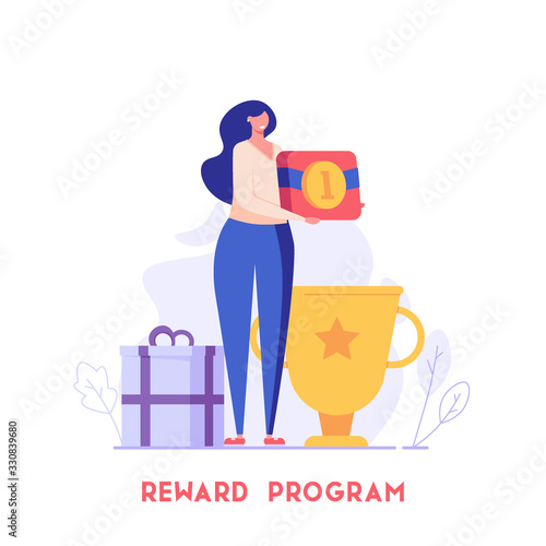 Woman standing and holding gold medal. Reward program and receiving rewards. Concept of earn reward loyalty, bonus, business award. Vector illustration for UI, mobile app