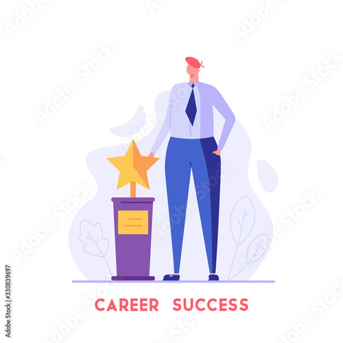 Man standing and holding winner star award. Reward program and best employee of the month. Concept of earn reward loyalty, career success, leadership. Vector illustration for UI, mobile app