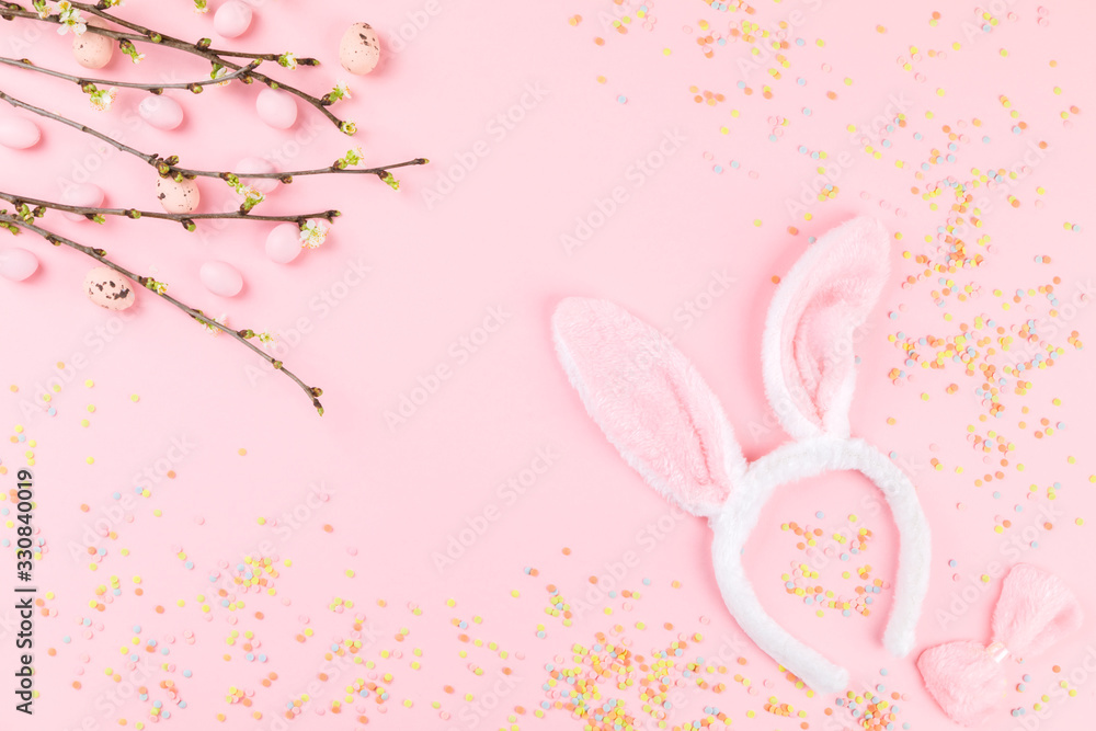 Happy Easter Greeting card with the inscription on a pink paper background.Concept of festive greeting