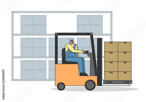Work Process In Warehouse With Professional Work Staff. Male Character Is Working On Forklift, Meet Deadlines Of Shipment Goods. Transport Logistics. Cartoon Linear Outline Flat Vector illustration